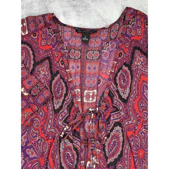 INC Top Womens 8 Kimono Tie Waist Pink Red Paisley Semi Sheer Ruched Back Boho - Picture 3 of 8